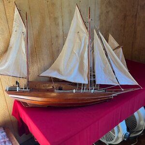 Vintage Wooden Sailboat Model Ship – Handcrafted Nautical Decor with Canvas Sail